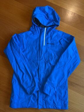 Columbia Omni-Tech Rain Jacket Blue Hooded Waterproof Shell Zip Up Boys Size L